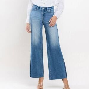 Vervet High Rise Raw Hem Wide Leg Stretch Denim Multi Tone Boho Crop Jeans 32